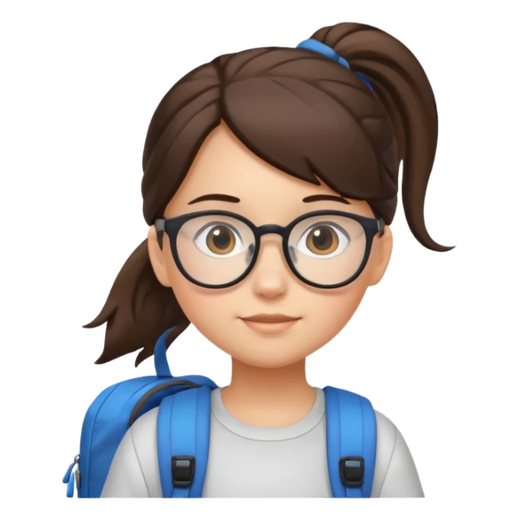 student brunet kid girl, ponytail wearing glasses with backpack sticker