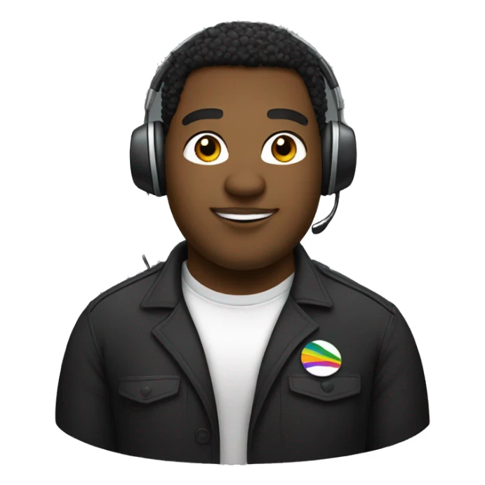 A black gay chubby guy, using a badge with his name who is Gustavo, he uses a telemarketing headphone and a black tshirt  sticker