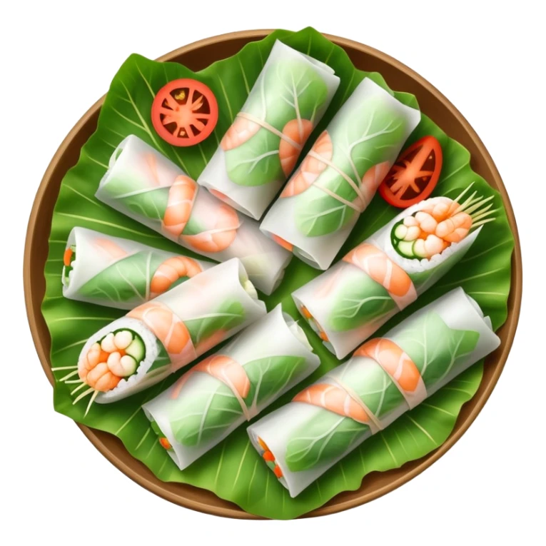 cinematic-realistic-vietnamese-summer-rolls-dish-emoji,-depicted-with-delicate-rice-paper-wraps-filled-with-fresh-vegetables-and-shrimp-rendered-with-crisp-textures-and-refreshing-lighting. sticker