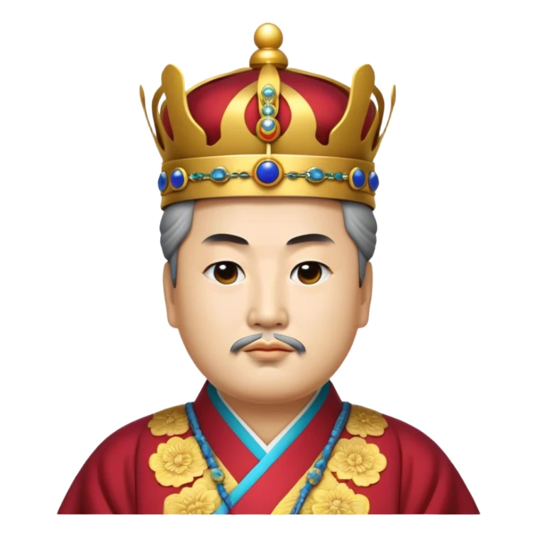 Cinematic Realistic King Sejong Portrait Emoji, depicted as a wise benevolent monarch in traditional Korean royal attire with a thoughtful gaze, rendered with intricate textures and regal soft lighting that captures his historical significance. sticker