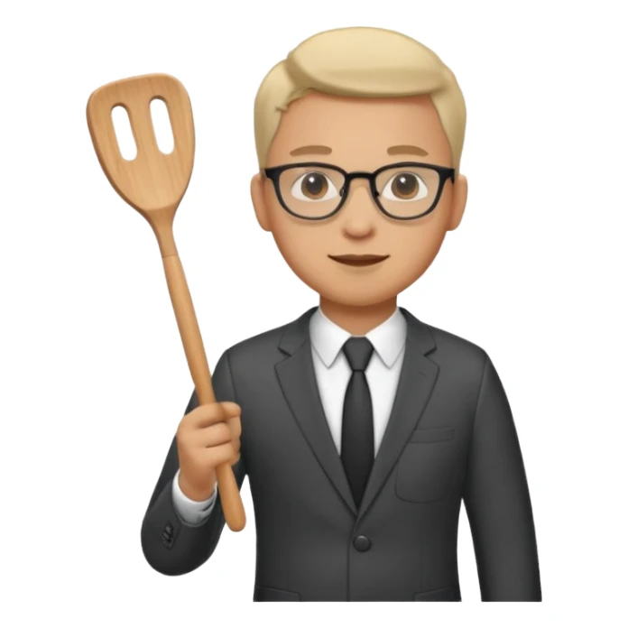 man with glasses wearing a suit and holding a spatula sticker