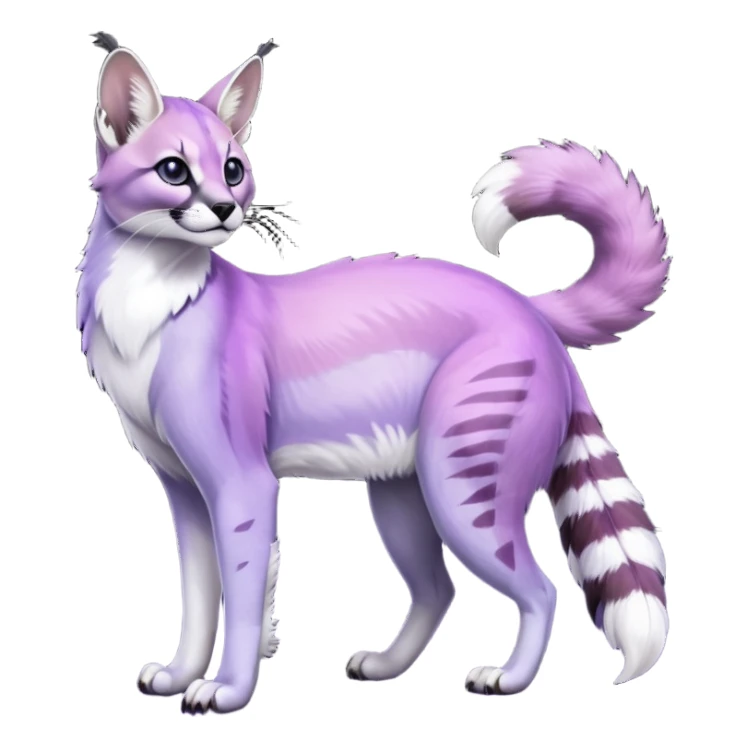 Colorful dark tropical pastel-lilac-lavender-violet iridescent pastel white glorious divine exotic cute cool beautiful shiny beautiful fantasy-caracal-civet-genet-sergal-vernid-Gryphon-Cacomistle-Trico-oncilla-animal-Fakémon-hybrid-fursona (full body) sticker