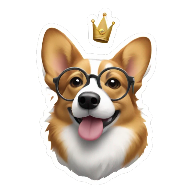 Tri-colored Corgi with a crown and round glasses sniffing the screen sticker