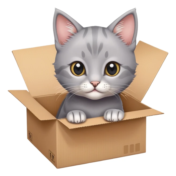  A very cute gery young kitten cat with one's head tilted to one side poked its paws out of the cardboard big box and placed them on top of it sticker