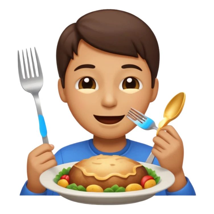 person emoji savoring a meal, eyes closed in delight, holding a fork sticker