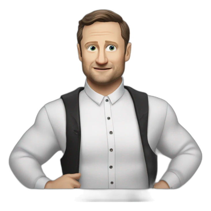 tim robinson dark black slicked back hair white long sleeve ring collar waffle shirt with a light white cream grey vest sticker