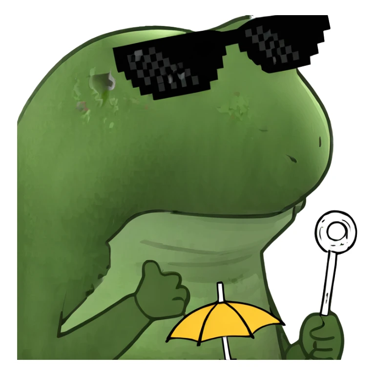 Funny green frog wearing sunglasses and holding a tiny umbrella sticker