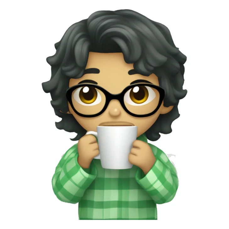 cute black hair boy wrapped in pastel green plaid blanket drinking coffee sticker