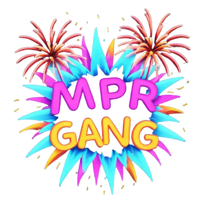 Create a bold, over-the-top emoji-style design featuring the text “MPR Gang” in large, glowing letters surrounded by explosive fireworks, neon colors, and dynamic energy effects. The style should feel celebratory, chaotic, and powerful, like a wild party or epic team victory. sticker