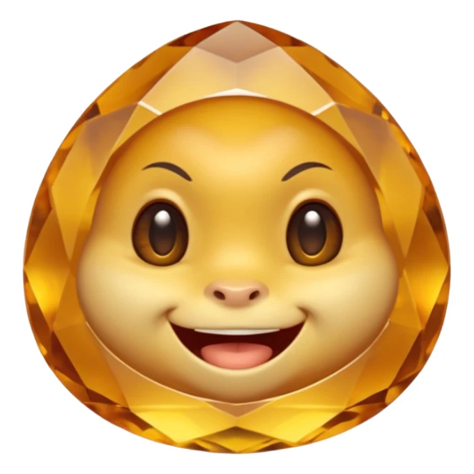 Single gemstone rock character, warm golden citrine, squat and heavy like a rock, with carved facets and tiny surface imperfections, cute round eyes and open smiling mouth, 3D game icon style, plain dark background, no other gems sticker