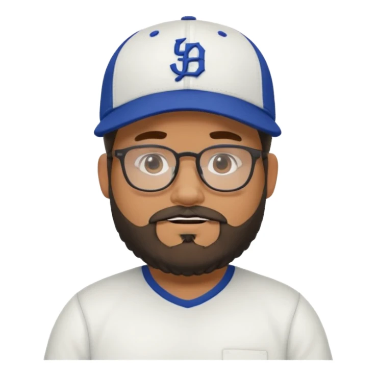 Create a figure that reflects an experienced social media manager but who has youthful and sporty clothing, a little chubby, a New Era cap, glasses, a beard and a slightly funny and friendly face. sticker