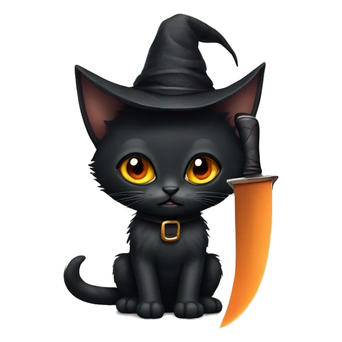 Black kitten with orange eyes with a witch hat and a knife sticker