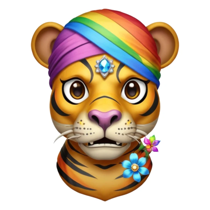 a mummy who is also a pirate make his skull a half flower rainbow diamond part hippo part tiger who is blue and gold whos head is on rainbow fire sticker