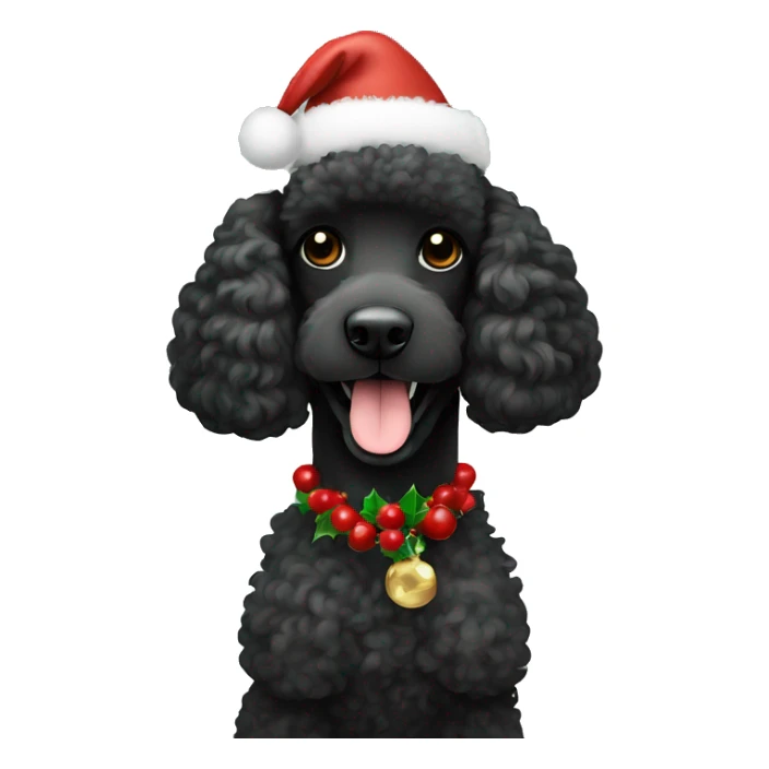 Black poodle with Christmas hat and holly sticker