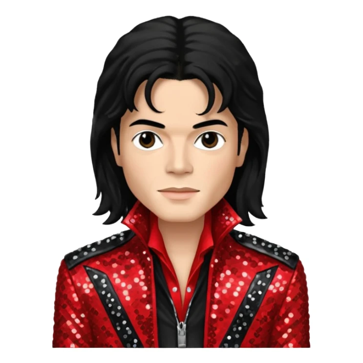 Michael Jackson with black long hair, red sequin jacket, black shirt, light skin sticker