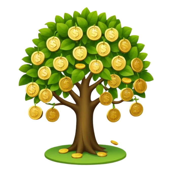 Apple-style money tree, round soft green canopy.
No pot, no ground — only the tree.
Small gold coins as fruits inside the leaves (not below).
Flat 2D vector, clean shapes, no gradients.
Dark near-black background, premium fintech icon. sticker