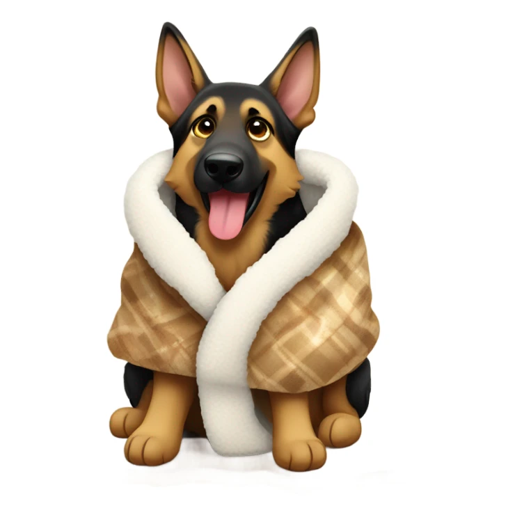 German shepherd wearing a goodie wrapped in a Sherpa blanket sticker