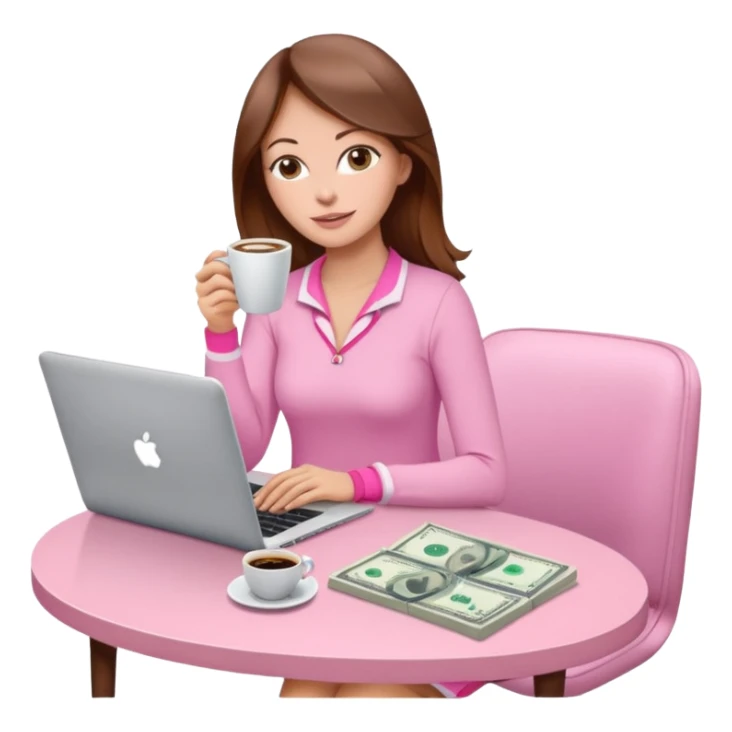  woman character with laptop and coffee relax table, dollars are floating, colorful pastel pink outfit, white laptop, brownn hair, fair skin,  sticker