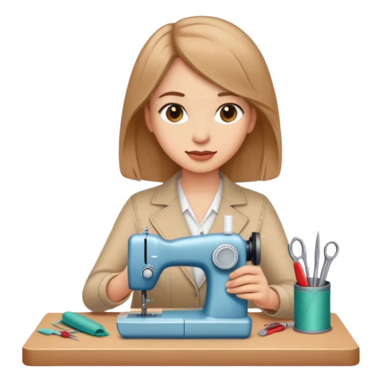 Mujer con cabello a la altura de hombros, cabello color chocolate claro, con herramientas de costura sticker