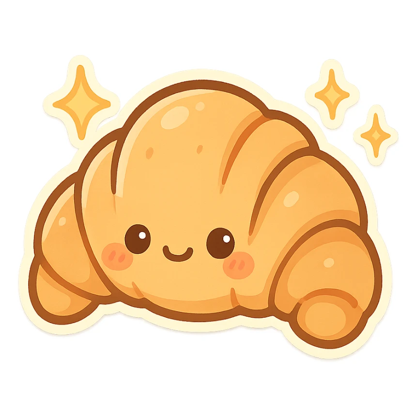 chibi sticker-style croissant with sparkles, cute and exaggerated sticker