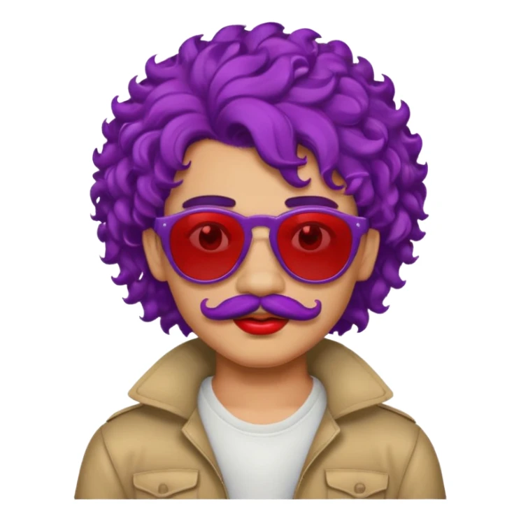 purple haired, curly big haired mexican boy with red sunglassess, vrey cool and lipstick and mstache sticker