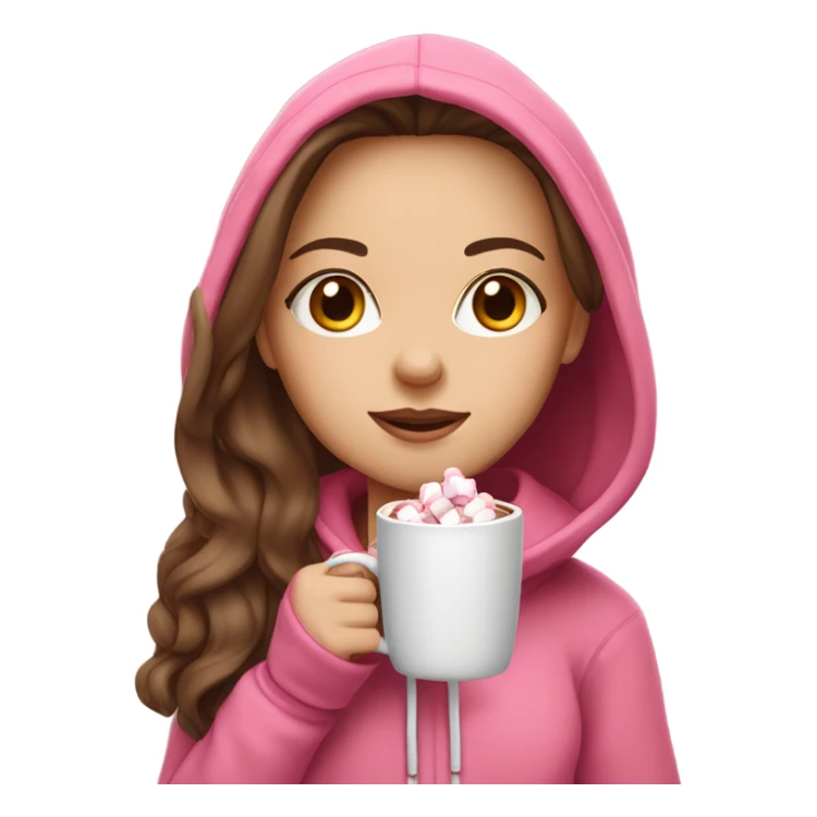 White girl with long brown hair drinking a hot chocolate with marshmallows and wearing a pink hoodie with a hood on sticker