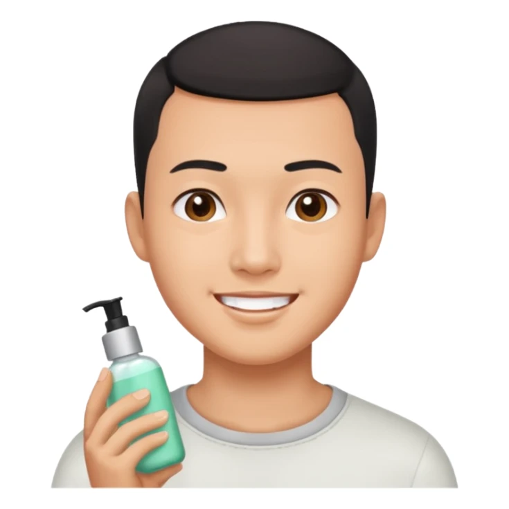 try different skincare products for chinese man with buzz cut (short black hair) doing skincare sticker