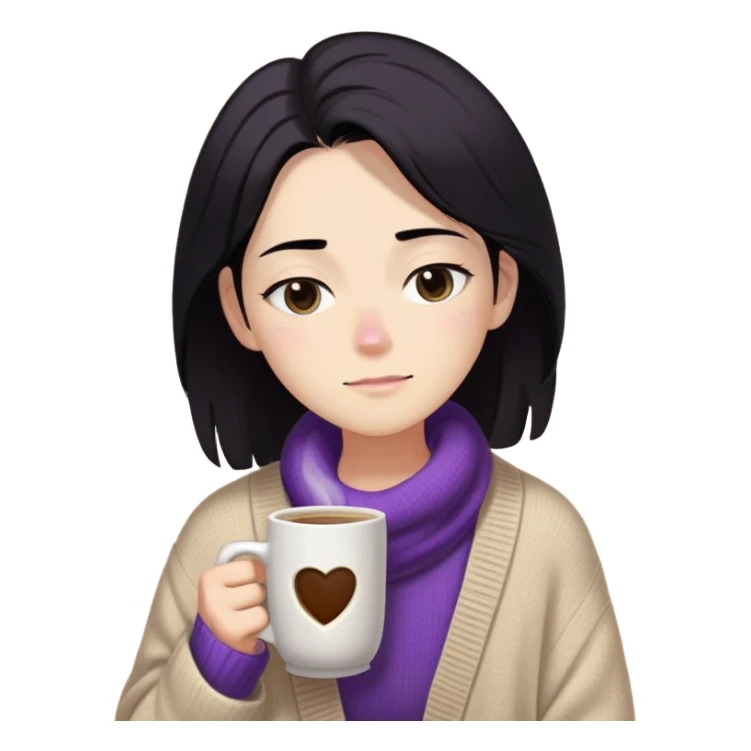 Gender: Non-binary Hair: Shoulder-length black hair with sleep-mussed texture Face: Half-closed eyes with purple under-eye bags Clothes: Oversized beige cardigan, mismatched socks Action: Clutching giant coffee mug labeled "第4杯" (4th cup) sticker