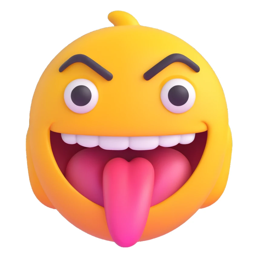 Make the expression even wilder with one eye bulging, tongue out, wild zigzag mouth, playful and zany, front facing, transparent background in 3D emoji style. sticker