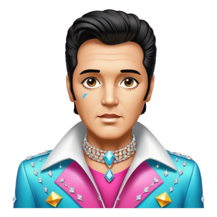 synthwave aesthetic brilliant divine lighting, oil paint  -  An aging Elvis Presley in a glamorous costume with a collar encrusted with diamonds sticker