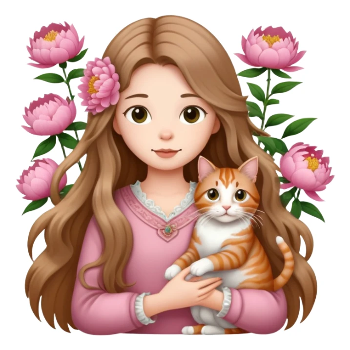 A long haired girl holding a long haired tabby in peony sticker