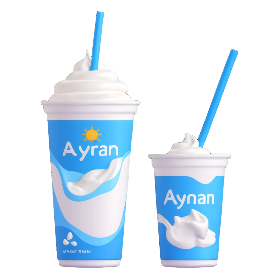 A small carton of Turkish yogurt drink (ayran) with a straw, white and blue packaging sticker