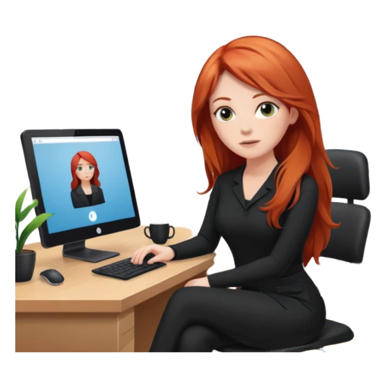 Video call therapy session: red-haired therapist with long hair wearing black minimalist clothing, seated in a professional home office, looking at the webcam; calm, modern teletherapy setting sticker