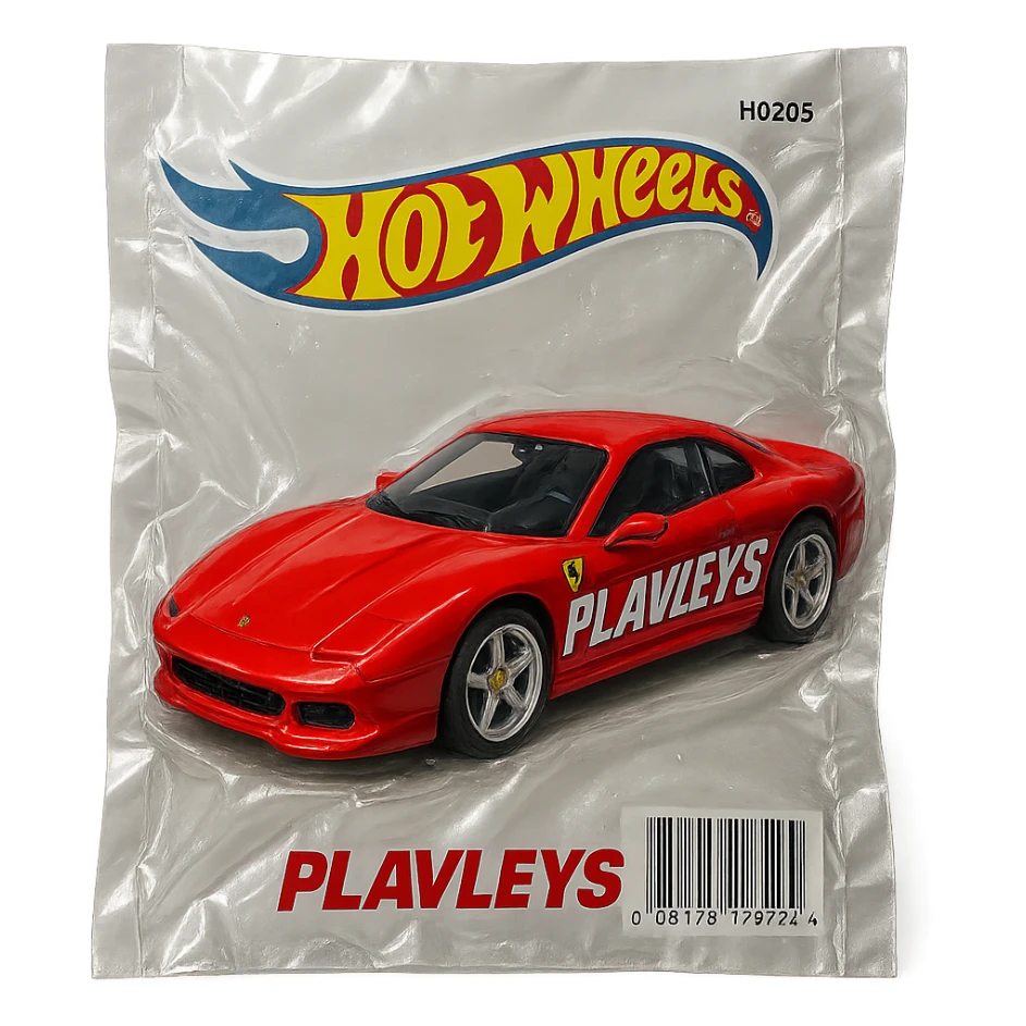 Hot Wheels packaging with a red Ferrari featuring bold racing-style 'PLAVLEYS' text on the car, shiny and inflated, vacuum-sealed style sticker