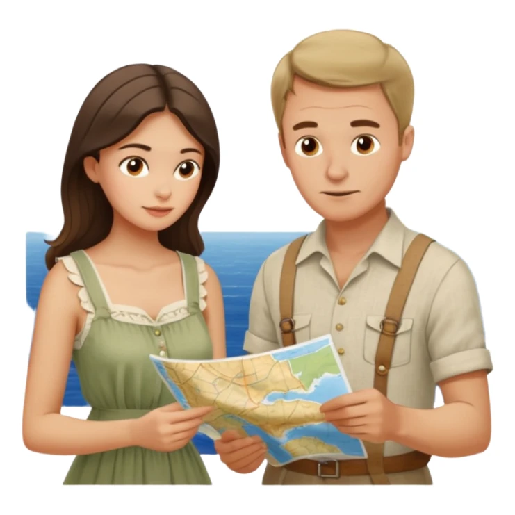 Russian man and elegant Spanish girl in costal outfits with a map planning  sticker