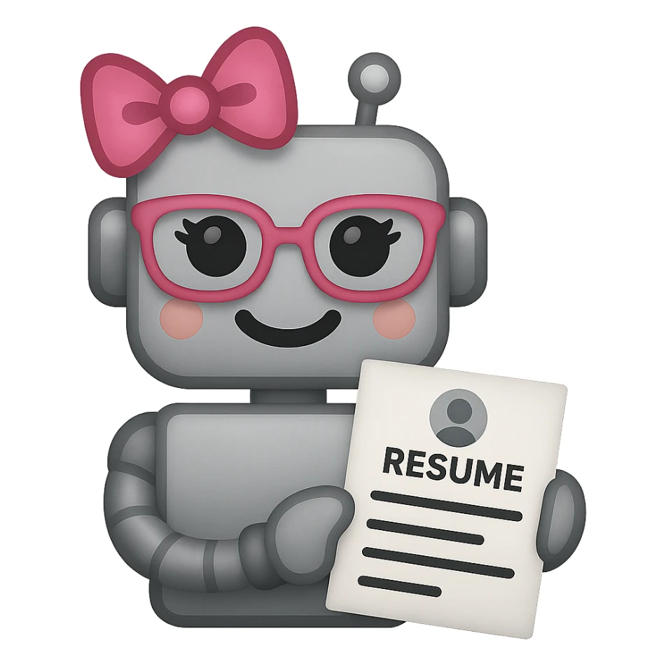 Make the recruiter robot emoji even cuter and more feminine with different hairstyles and accessories like bows or glasses. Style should be apple style, flat, and metallic. The robot is smiling and holding a resume. Transparent background. sticker