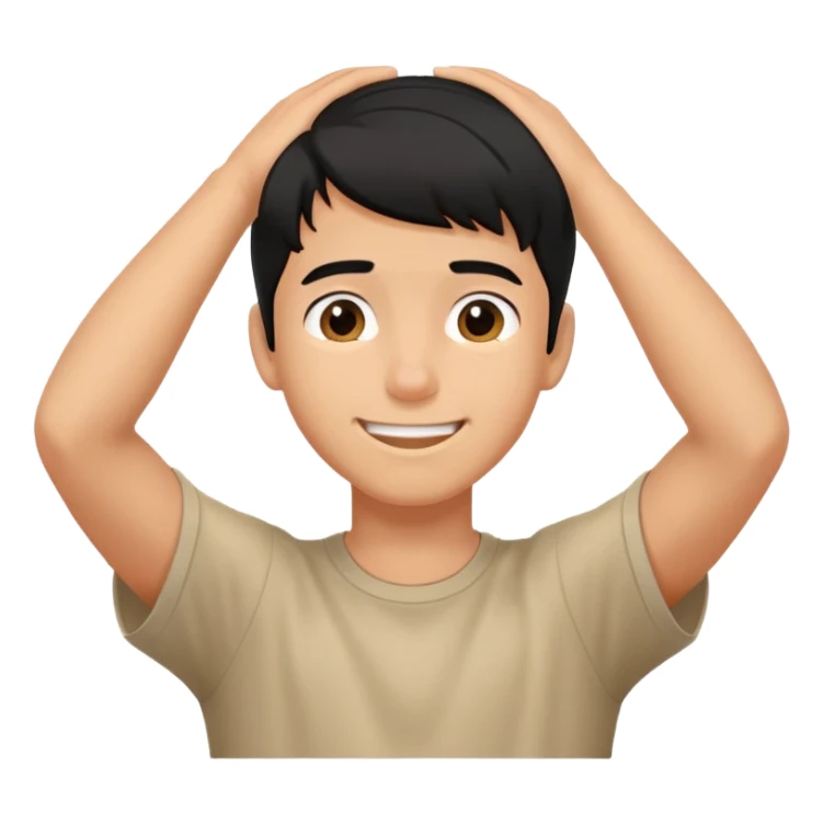 embarrassed smiling boy with hand behind head and black hair sticker