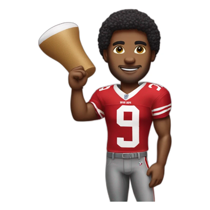 a man with a San Francisco 49ers Tshirt and foam finger sticker