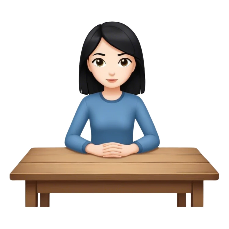 white girl black hair sitting at table with hands flat sticker