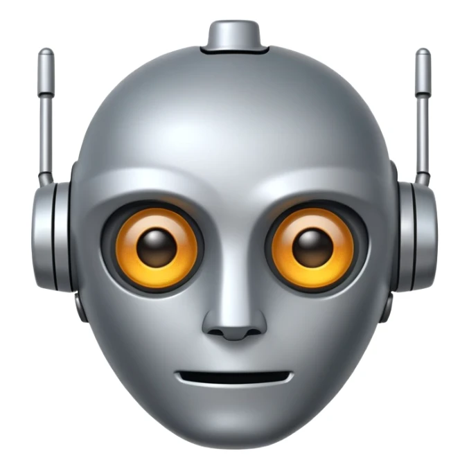 Robot face emoji with metallic features, simple antenna, digital eyes sticker