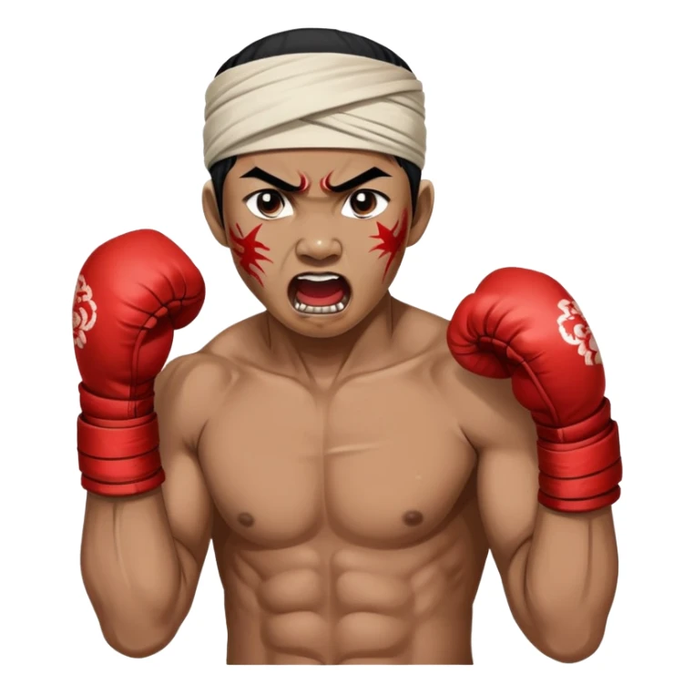 A traditional Lethwei fighter with wrapped bare fists and a traditional Burmese headband (gaung baung), shouting with fierce intensity, blood mark on glove, gritty and raw appearance, Burmese boxing sticker