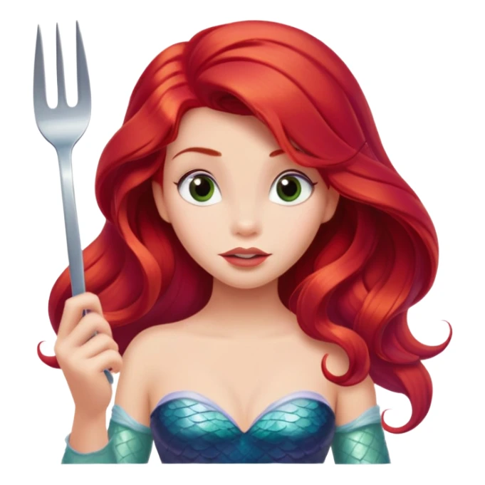 Disney Ariel mermaid with red hair holding a fork, curious expression sticker