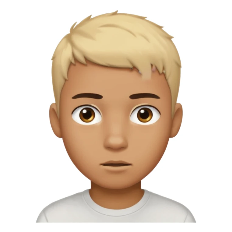 Short buzz, messy blonde hair. Dark brown bushy eyebrows large expressive golden-brown eyes, wearing a plain white t-shirt. Male Teenager. Brown skin color.  sticker