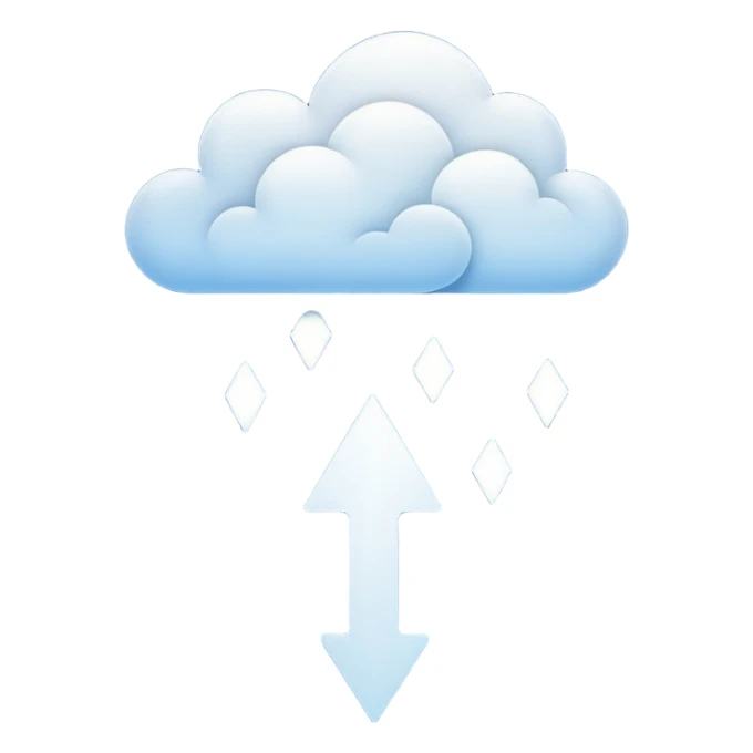 Abstract minimalist emoji showing a downward fading arrow dissolving into mist, with scattered broken lines and a heavy low-hanging cloud form above, symbolising a discipline slump and loss of structure. Muted tones, soft gradients, flat vector icon, transparent background. sticker