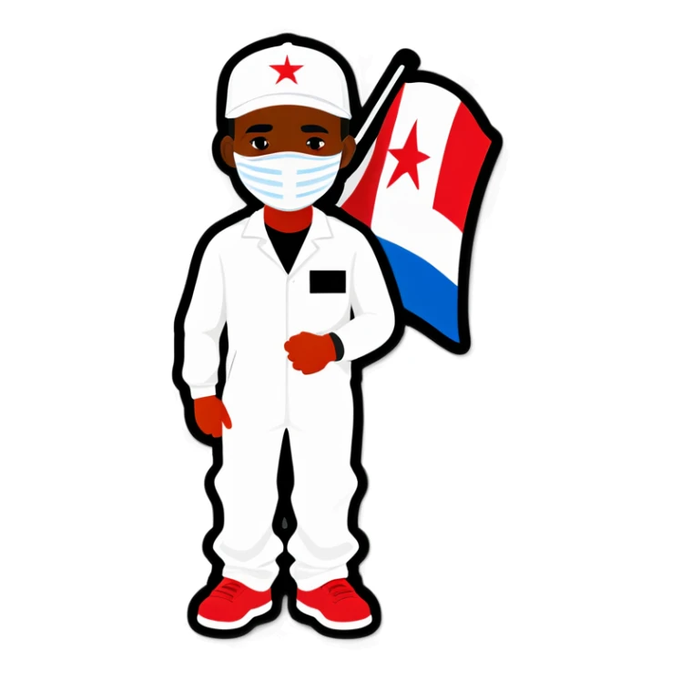black guy with white jumpsuit with a Panama flag on his chest  sticker