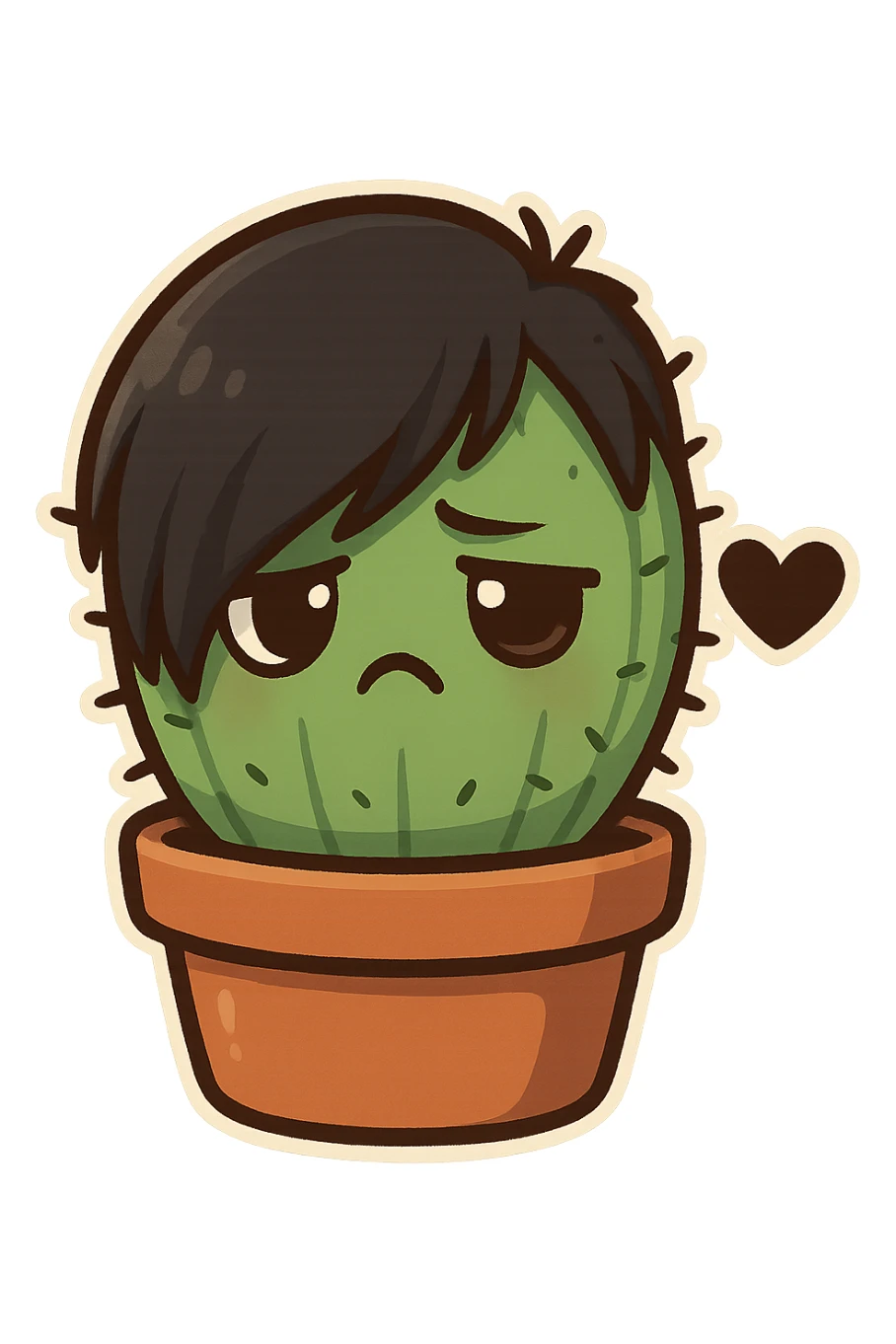 chibi sticker-style cactus with an emo face, black heart accent, cute and exaggerated sticker