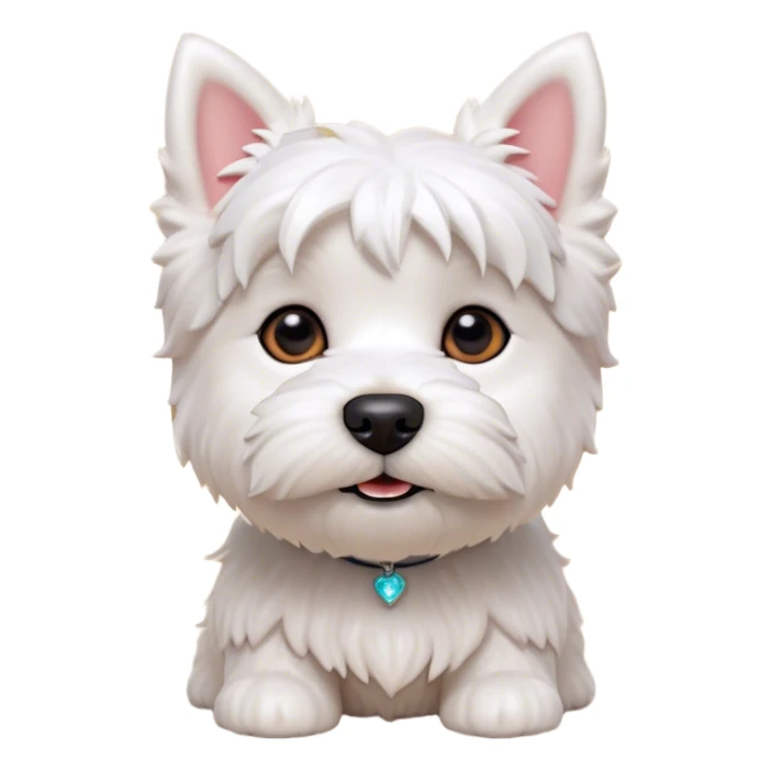 Cinematic Cute West Highland White Terrier Portrait Emoji, Head tilted playfully and inquisitively, featuring a fluffy, immaculate white coat with perky ears, round, sparkling dark eyes filled with curiosity, Simplified yet irresistibly adorable features, highly detailed, glowing with a warm, friendly glow, high shine, affectionate and lively, stylized with a touch of whimsy, bright and endearing, soft glowing outline, capturing the essence of a mischievous yet loving pup, so playful it feels like it could bound out of the screen and into your arms! sticker