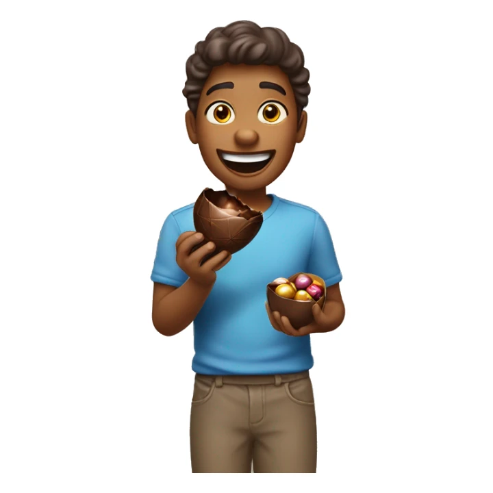 A person happily opening a chocolate surprise egg like a Kinder Surprise sticker