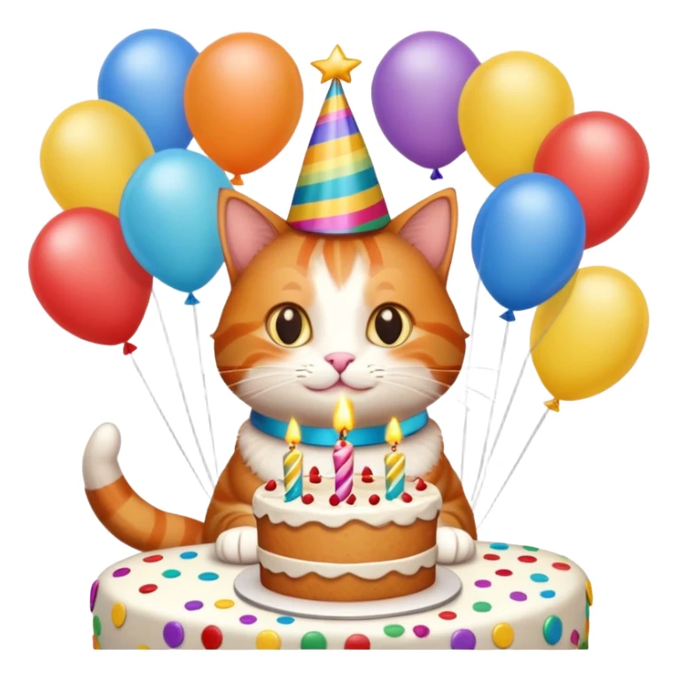 Ginger cat celebrates birthday, birthday hat, birthday cake, balloons, happy, gifts sticker