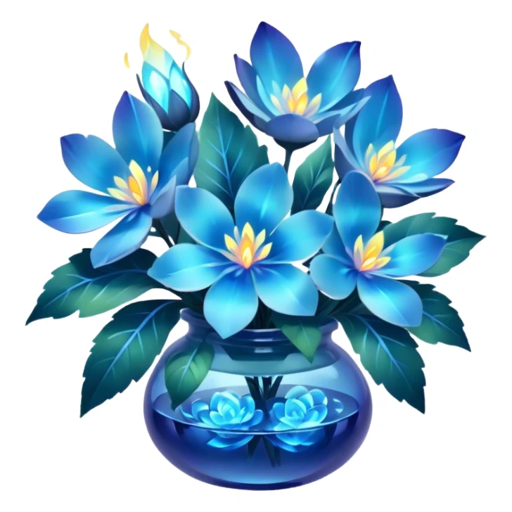 "A magical blue floral arrangement with glowing petals and leaves."
 sticker